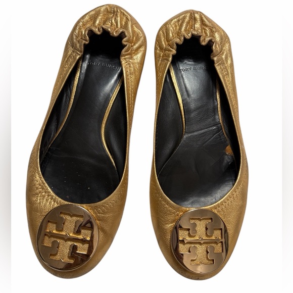 Tory Burch Shoes - Tory Burch Metallic Gold Logo Round-Toe Ballet Flats